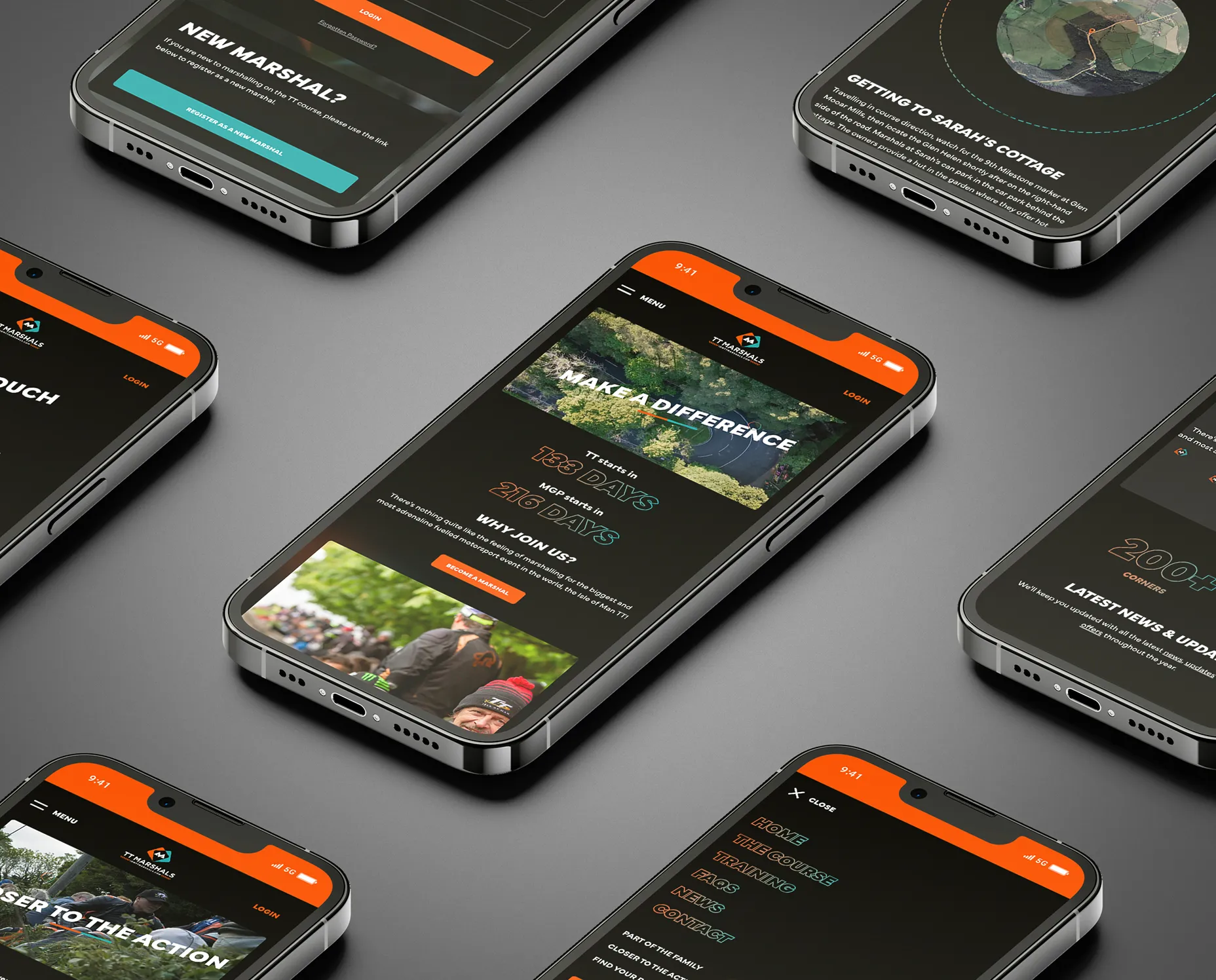 The TT Marshals website built by DotPerformance displayed across multiple smartphone mockups, showing the homepage with a countdown to the Isle of Man TT and Manx Grand Prix, the "Make a Difference" hero section, and marshal recruitment content